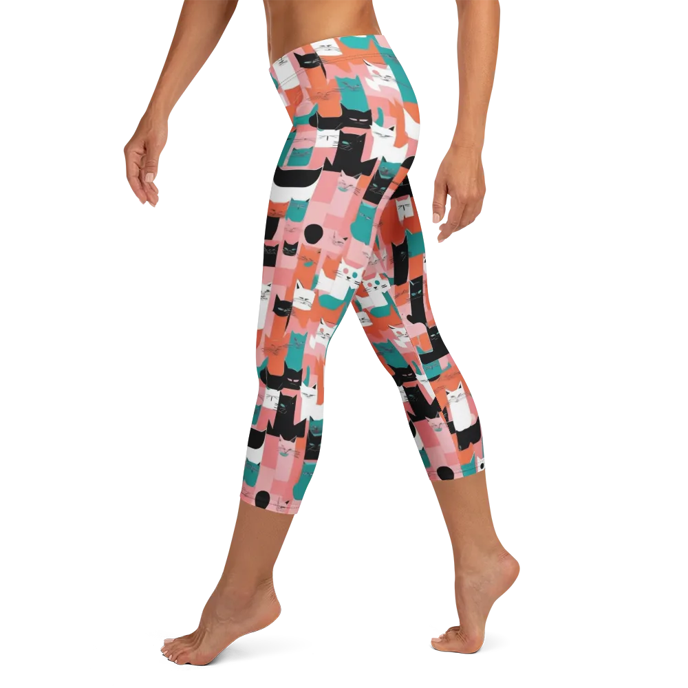 Coral Cat Parade on Capri Leggings — Left