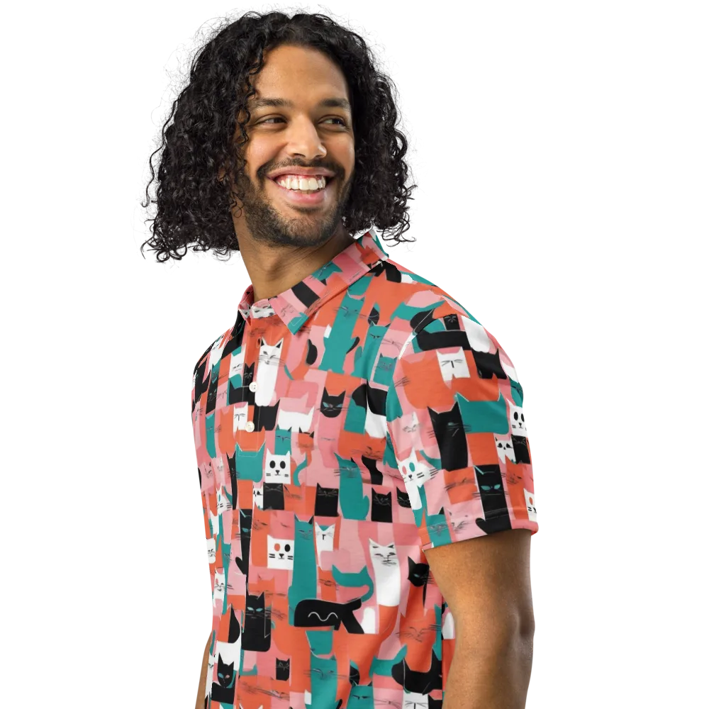 Coral Cat Parade on Men's Slim Fit Polo Shirt — Left Front