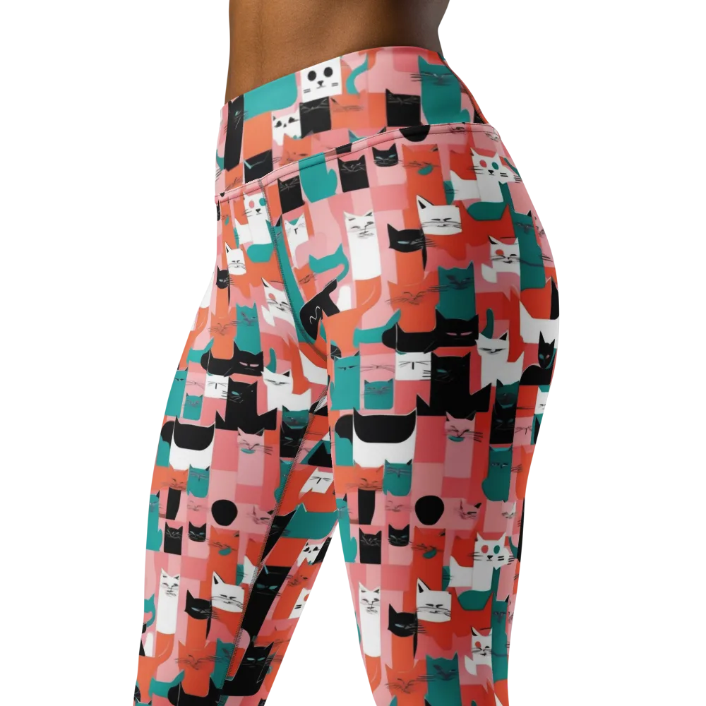 Coral Cat Parade on Yoga Leggings — Left Front