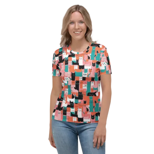 Coral Cat Parade on a Women's Crew Neck T-Shirt