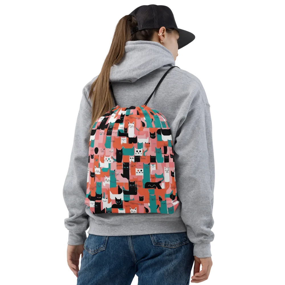 Coral Cat Parade on Drawstring Bag — Front