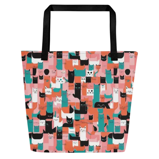 Coral Cat Parade on a Large Tote Bag W/ Pocket