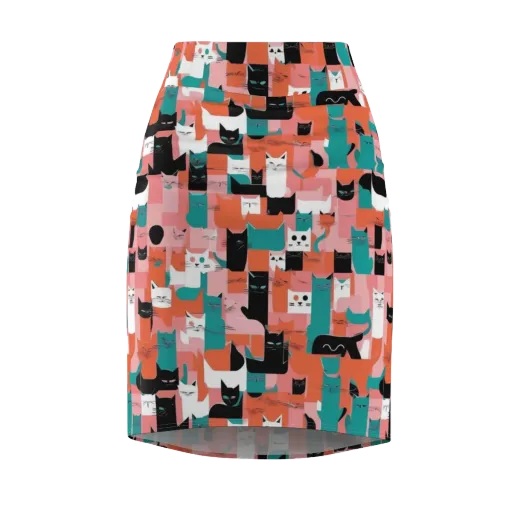 Coral Cat Parade on a Pencil Skirt