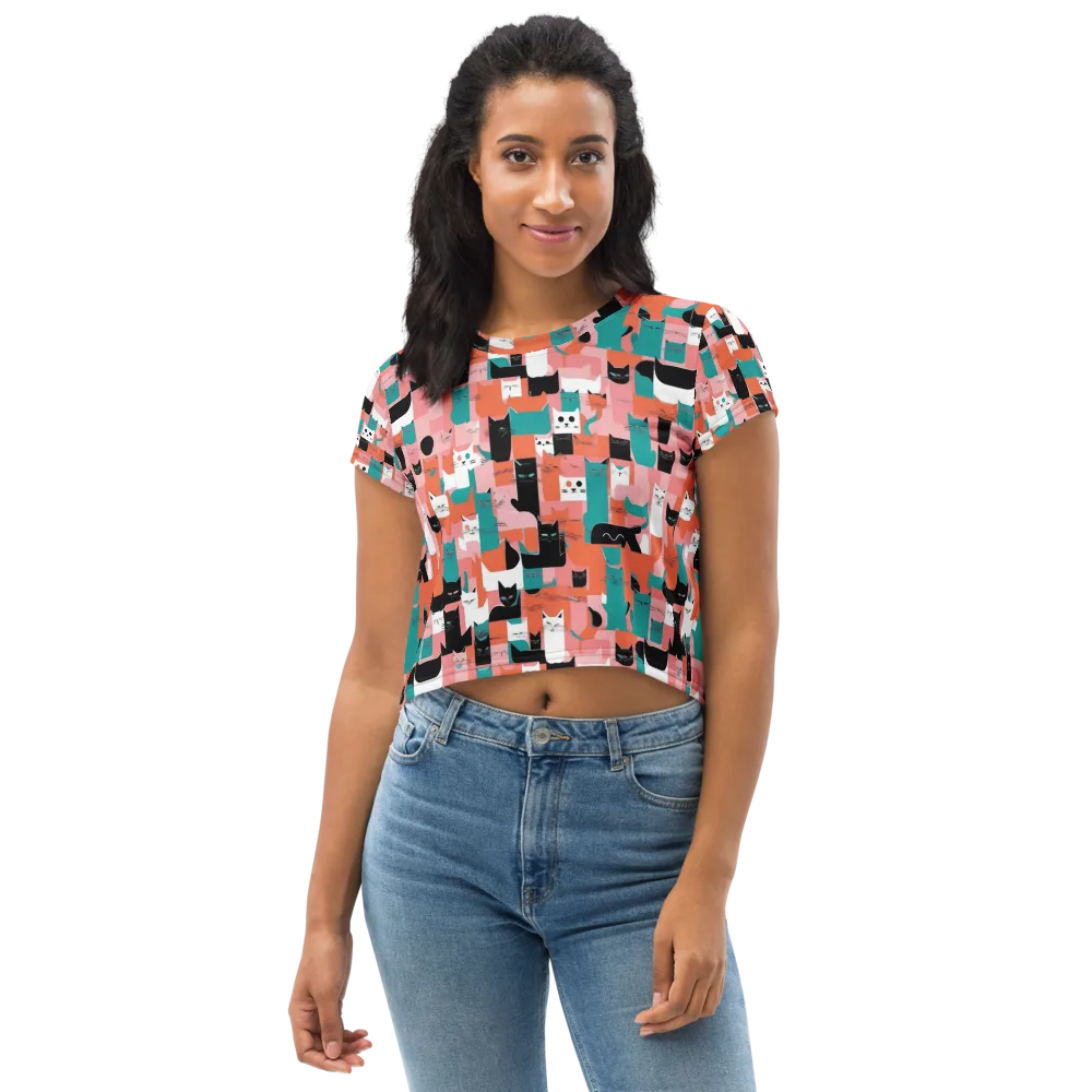 Coral Cat Parade on Crop Tee — Front