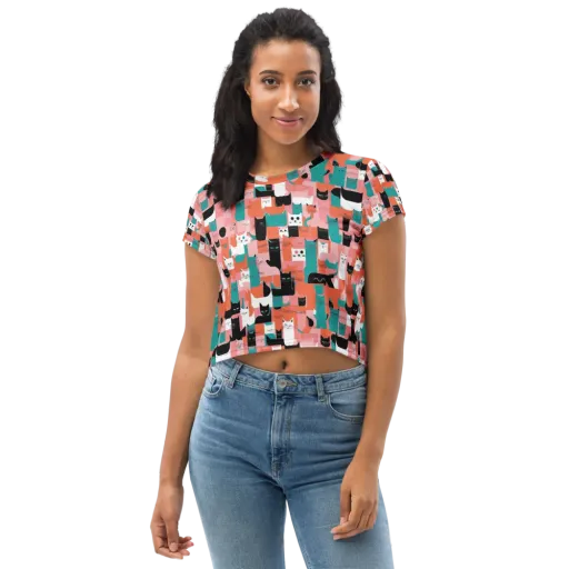 Coral Cat Parade on a Crop Tee