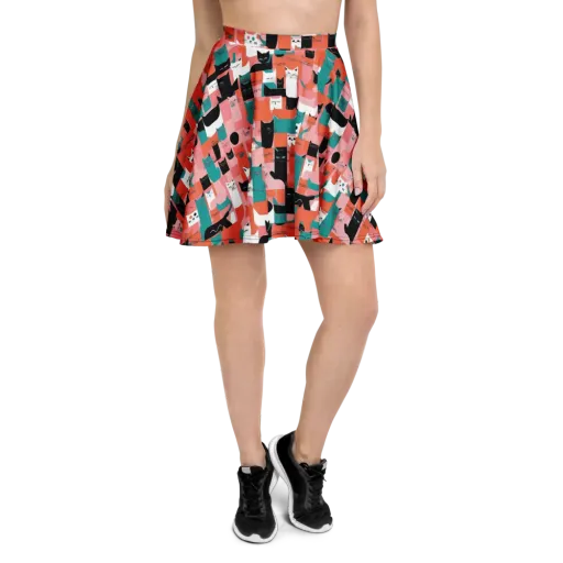 Coral Cat Parade on a Skater Skirt