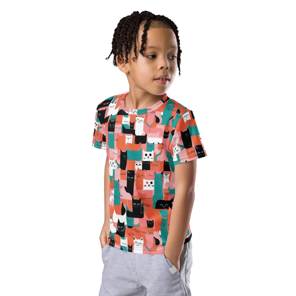 Coral Cat Parade on Kids Crew Neck T-Shirt — Left Front
