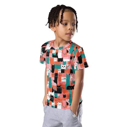 Coral Cat Parade on a Kids Crew Neck T-Shirt