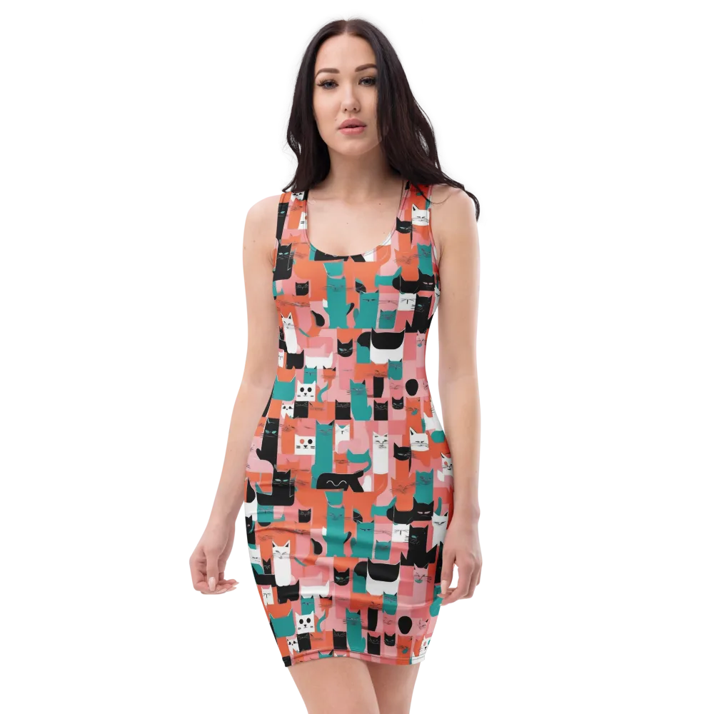 Coral Cat Parade on Bodycon Dress — Front