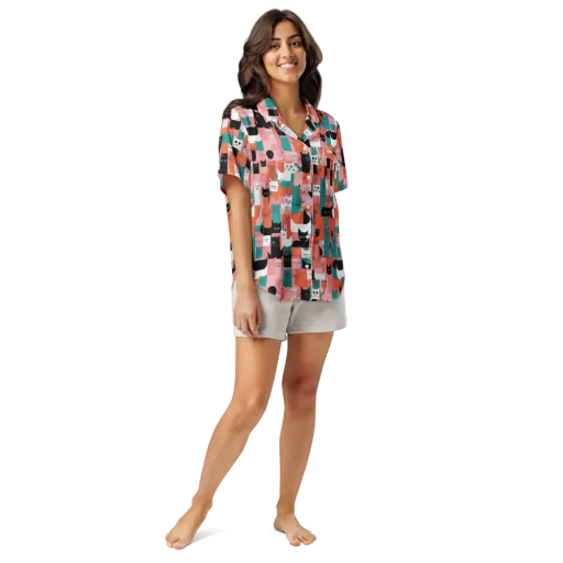 Coral Cat Parade on a Women's Short Sleeve Pajama Top