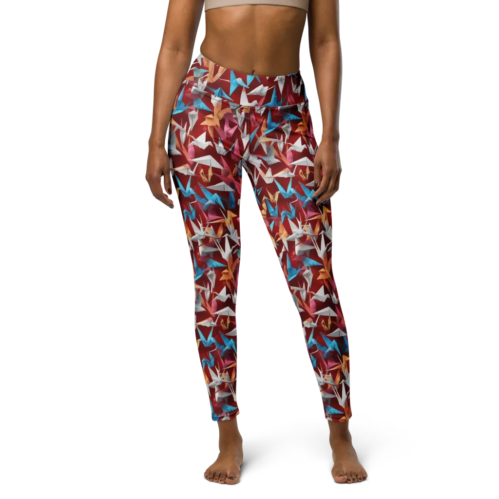 Crane Cascade on Yoga Leggings — Front