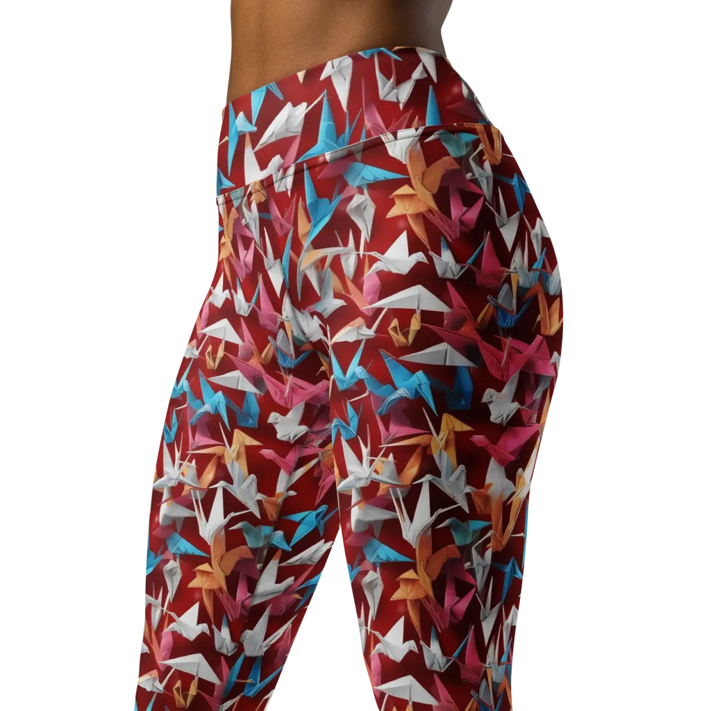 Crane Cascade on Yoga Leggings — Left Front