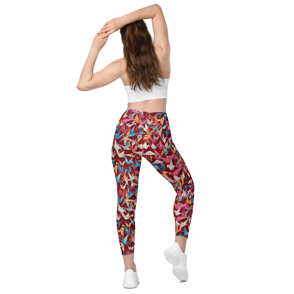 Crane Cascade on Leggings with Pockets — Back