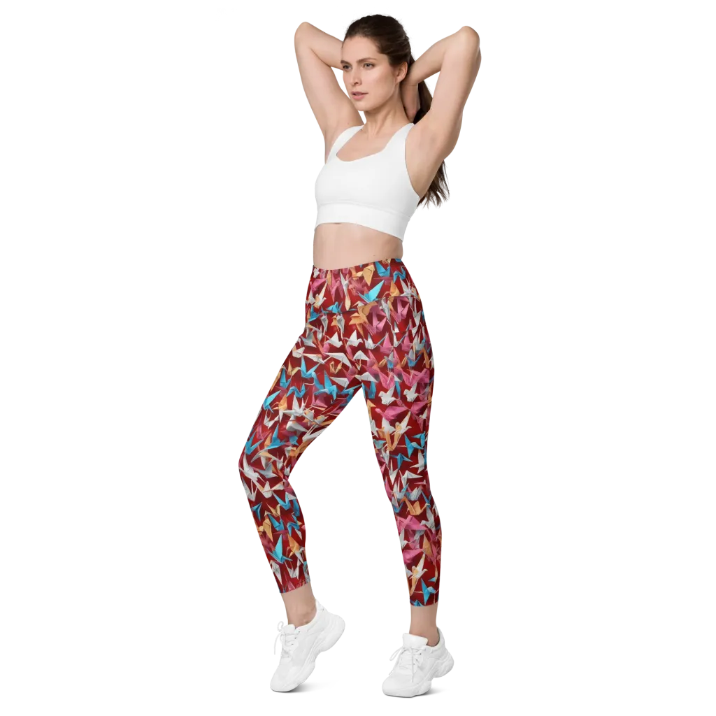 Crane Cascade on Leggings with Pockets — Left Front