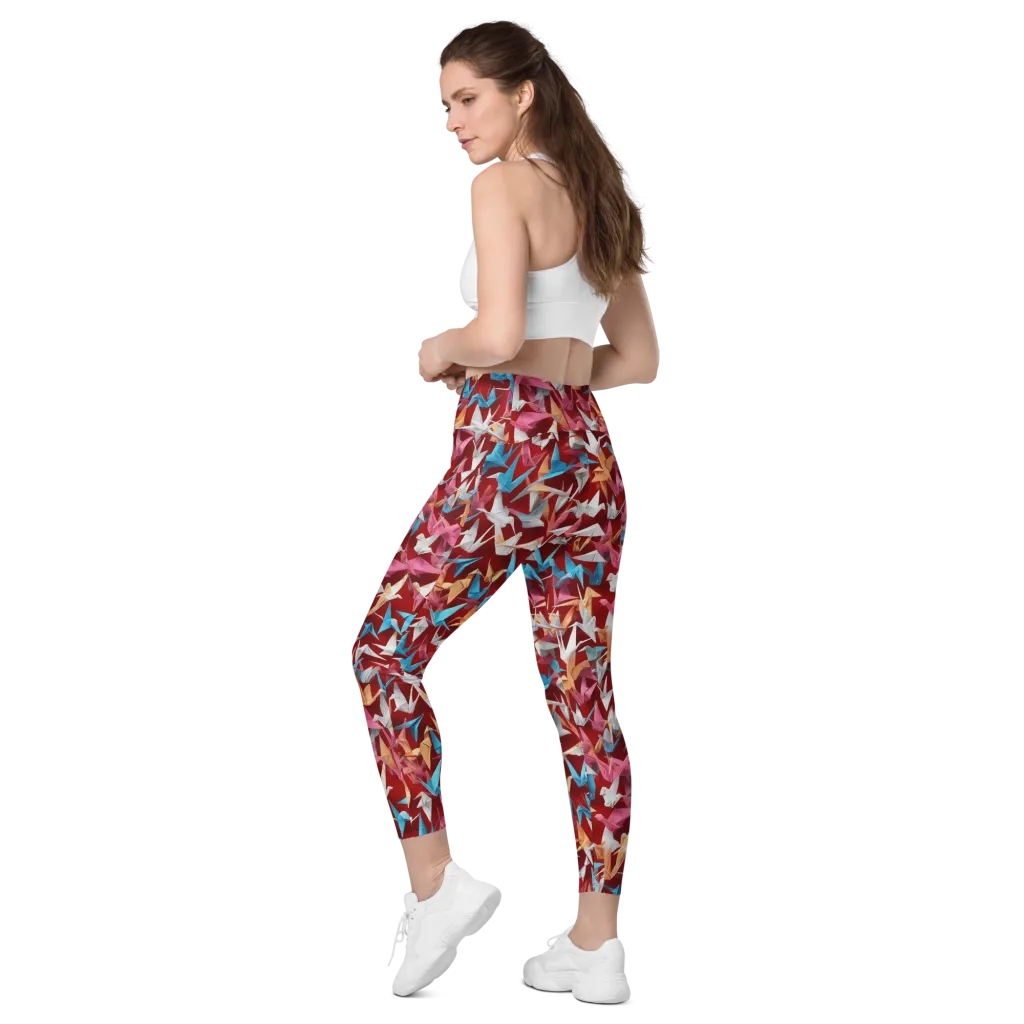 Crane Cascade on Leggings with Pockets — Left Back