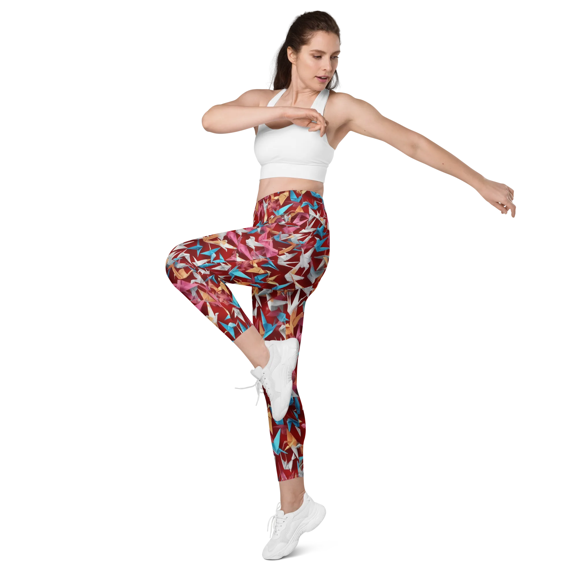 Crane Cascade on Leggings with Pockets — Left Front