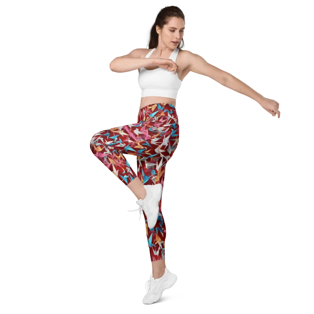 Crane Cascade on Leggings with Pockets — Left Front