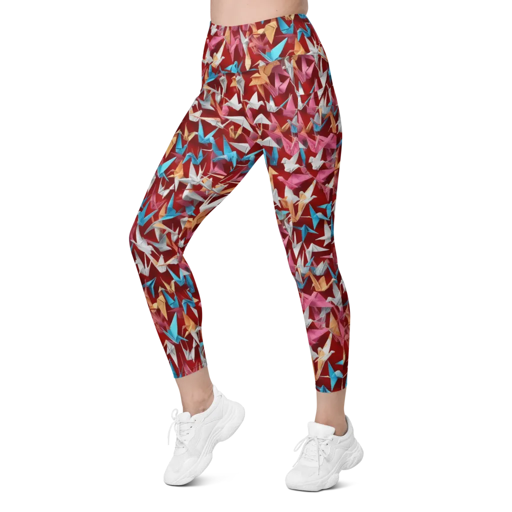 Crane Cascade on Leggings with Pockets — Left Front
