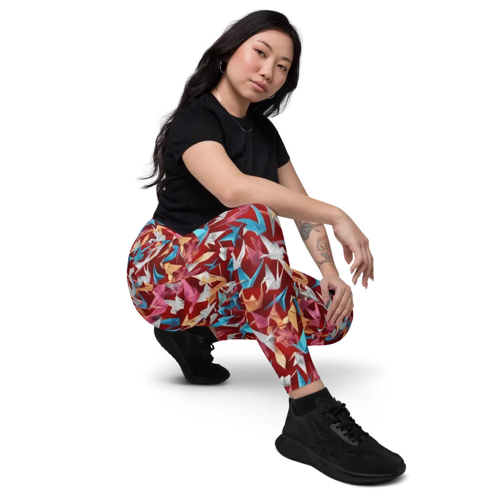 Crane Cascade on Leggings with Pockets — Right Front