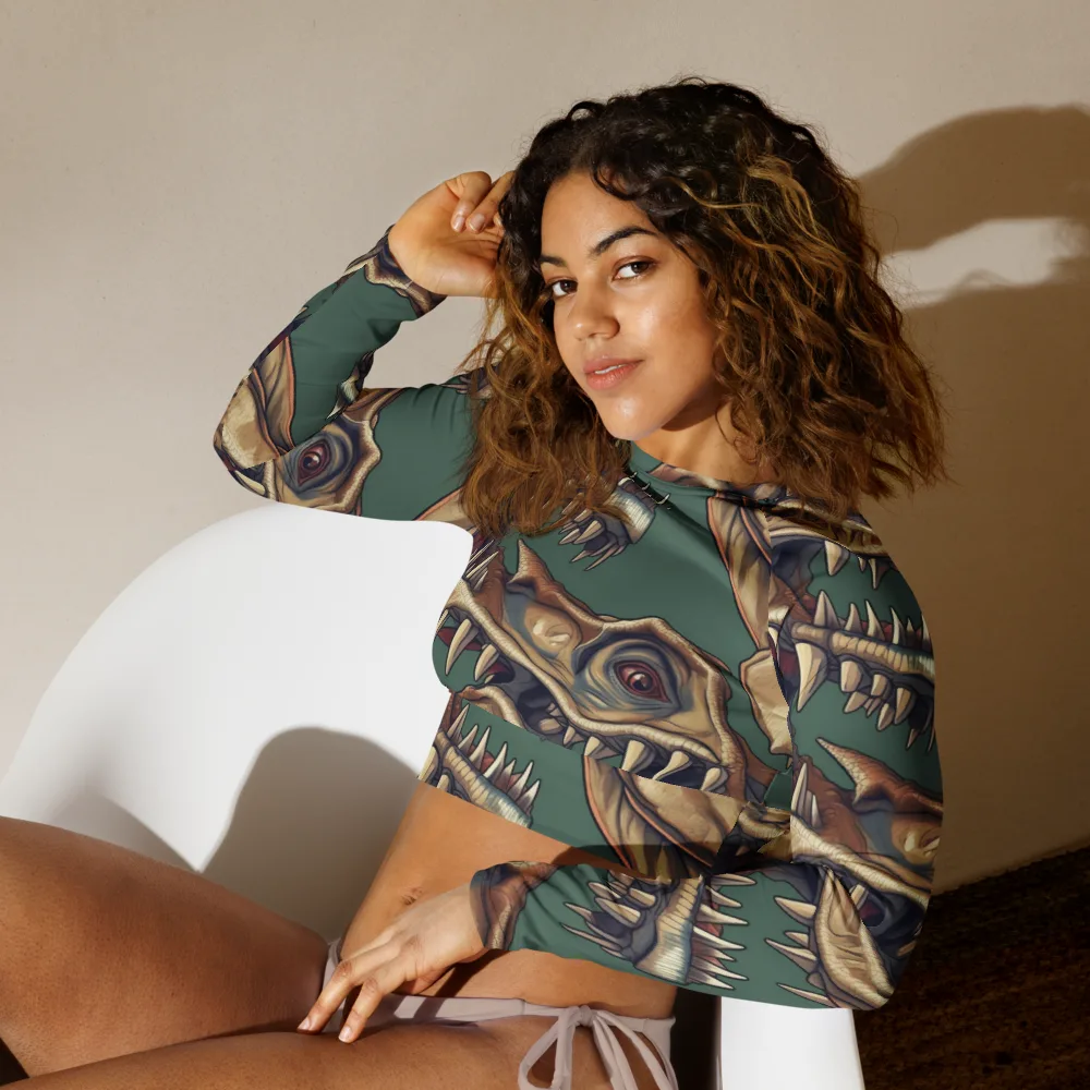 Cretaceous Clash on Long Sleeve Crop Top — Left Front