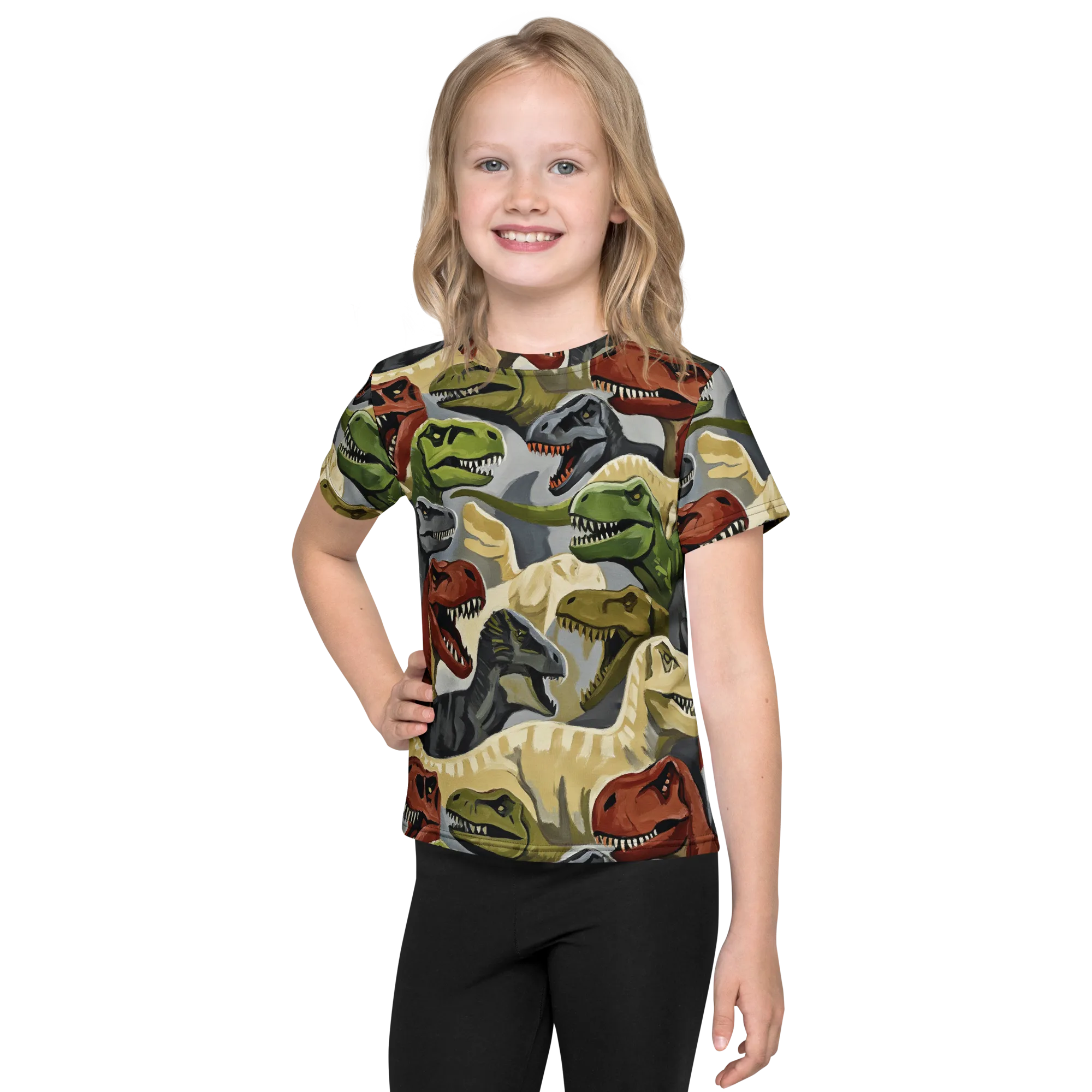 Dino Rumble on Kids Crew Neck T-Shirt — Front