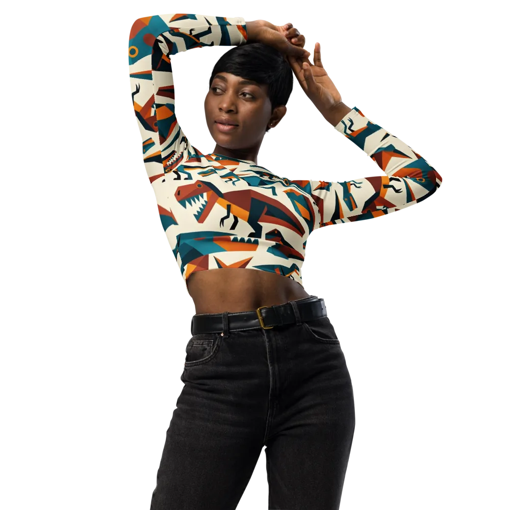 Dino Deco on Long Sleeve Crop Top — Front