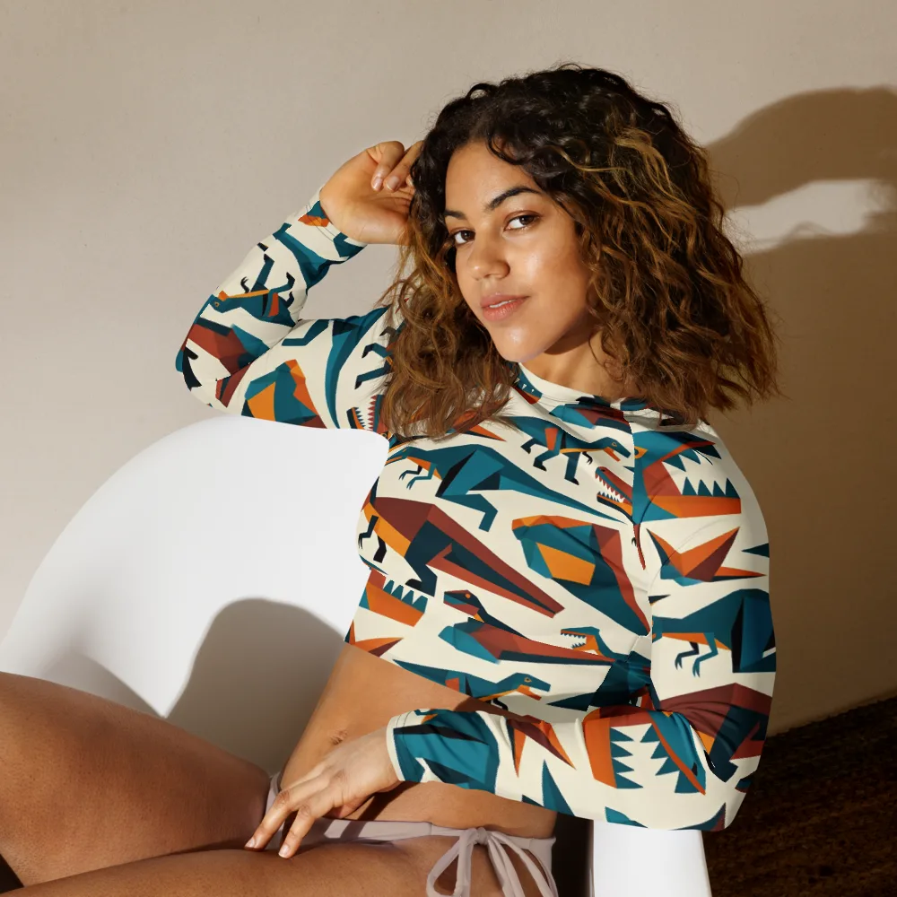 Dino Deco on Long Sleeve Crop Top — Left Front