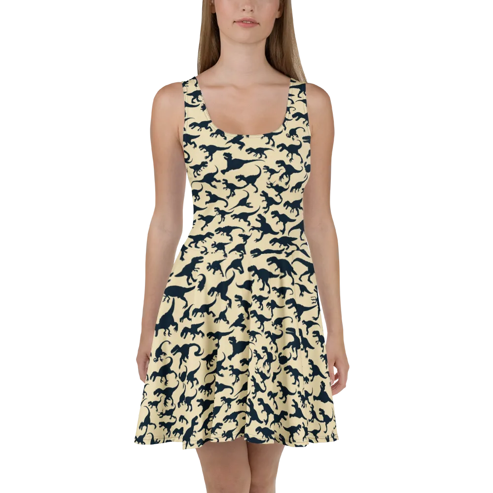 Midnight Dinosaurs on Skater Dress — Front