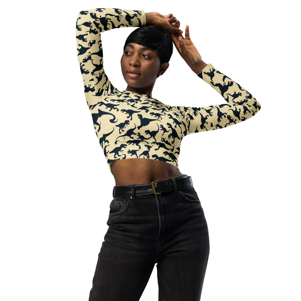 Midnight Dinosaurs on Long Sleeve Crop Top — Front