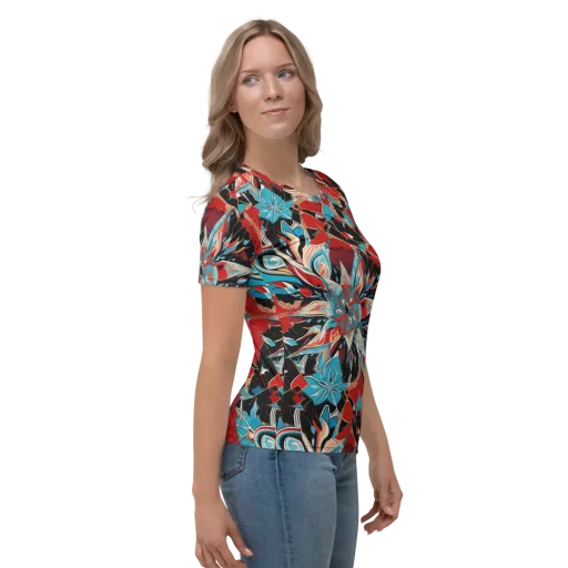 Scarlet Bloom Circuit on a Women's Crew Neck T-Shirt