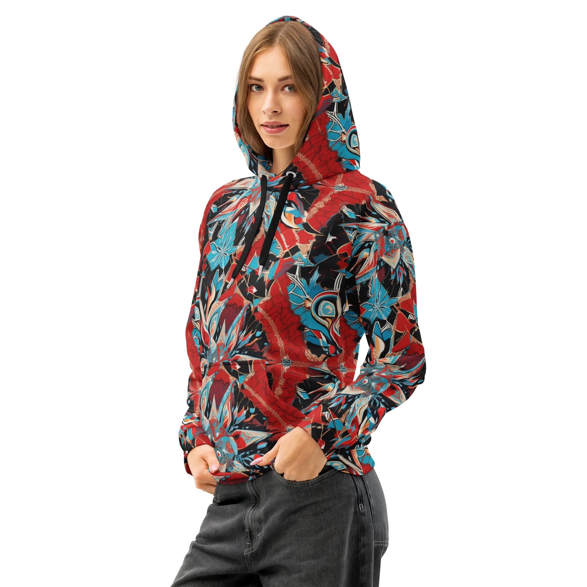 Scarlet Bloom Circuit on Cotton Hoodie — Left Front