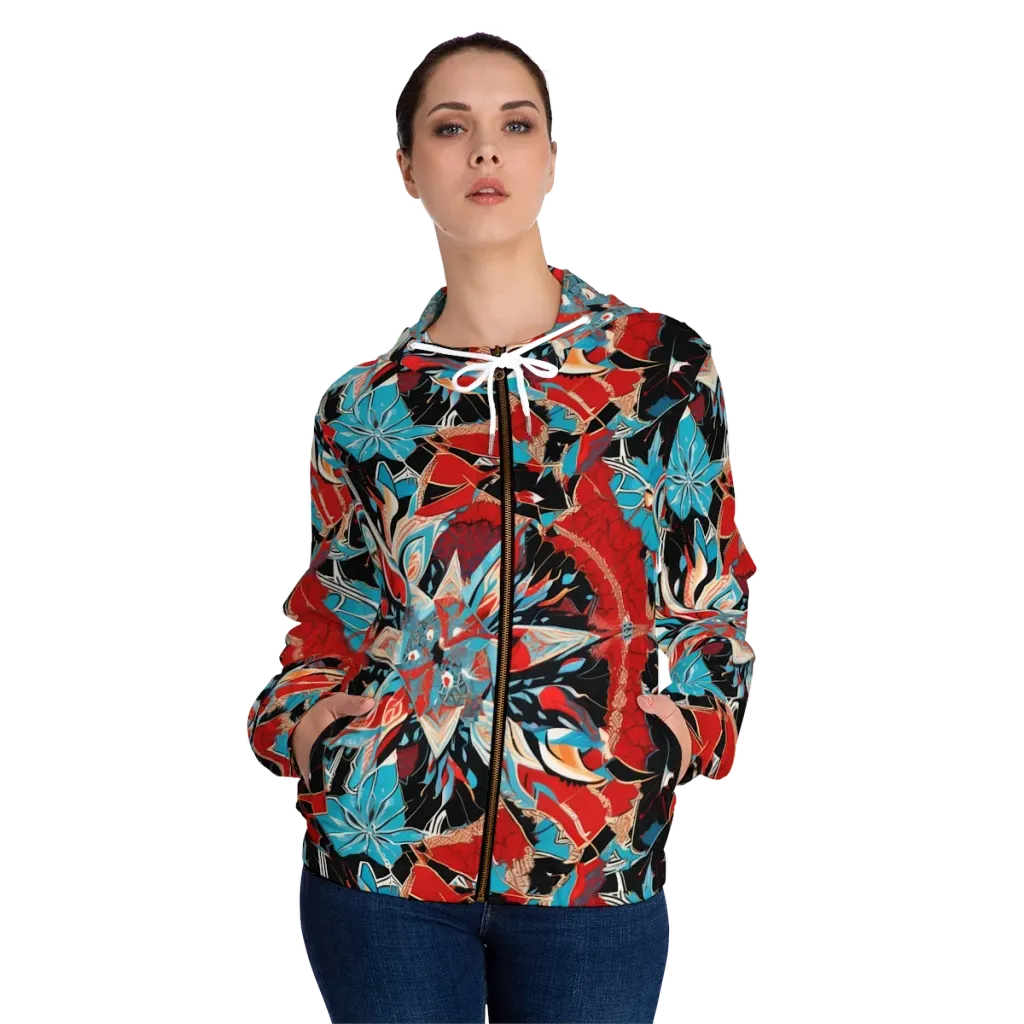 Scarlet Bloom Circuit on Women's Full-Zip Hoodie — Front On Person