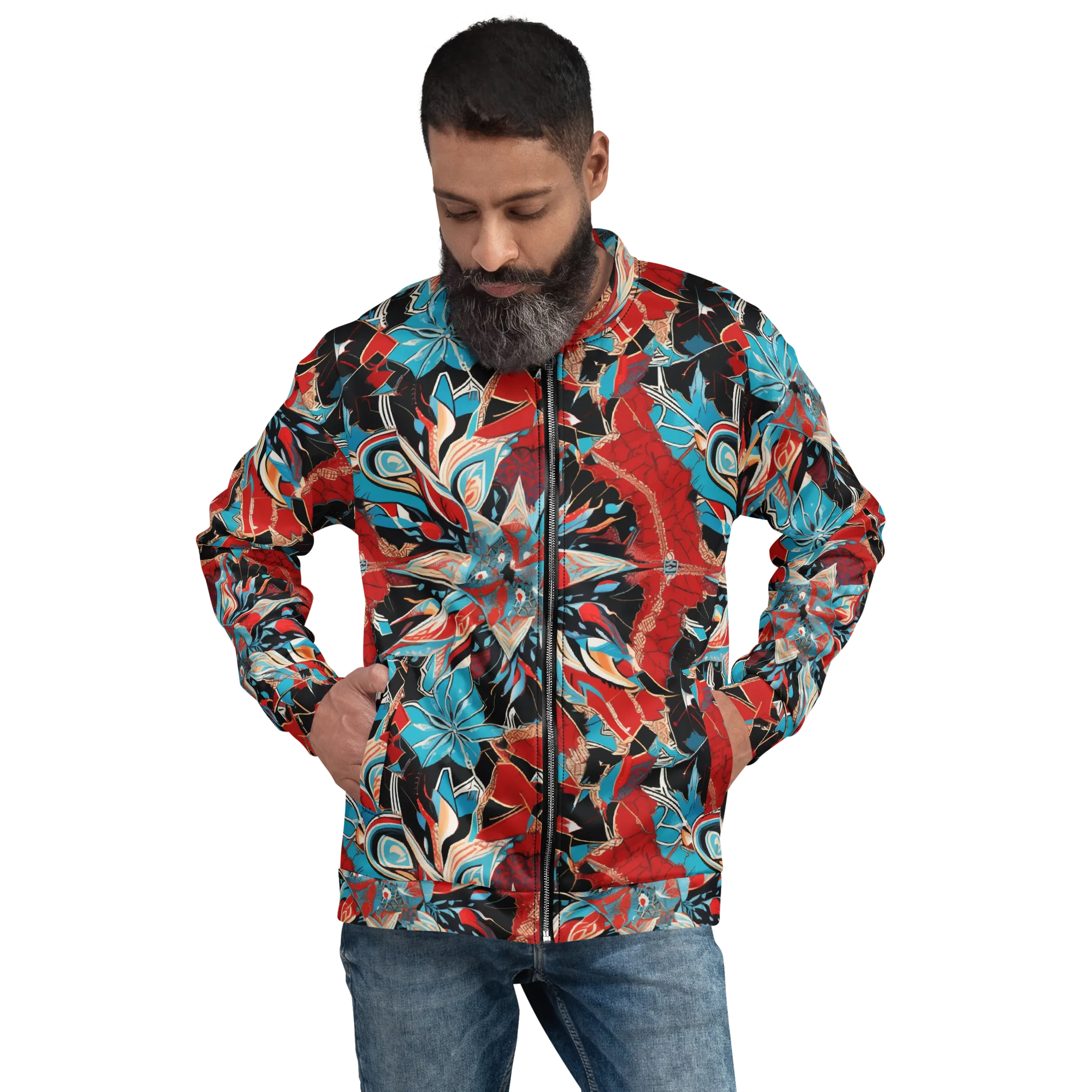 Scarlet Bloom Circuit on Bomber Jacket — Front