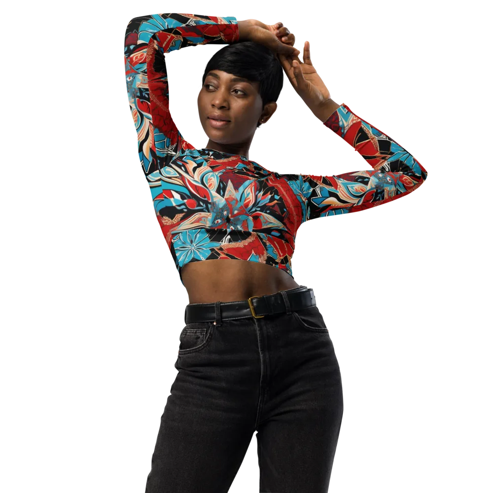 Scarlet Bloom Circuit on Long Sleeve Crop Top — Front