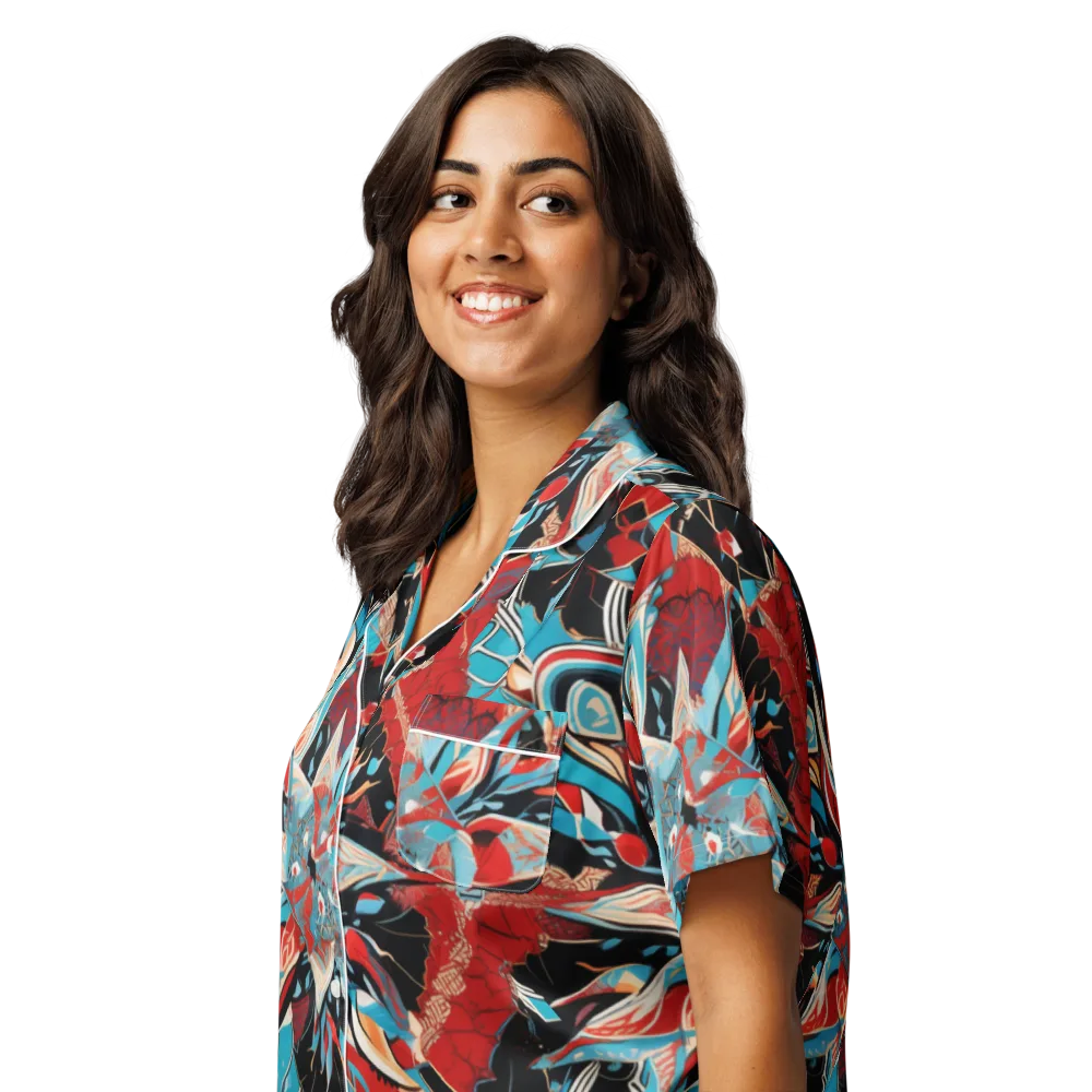 Scarlet Bloom Circuit on Women's Short Sleeve Pajama Top — Left Front