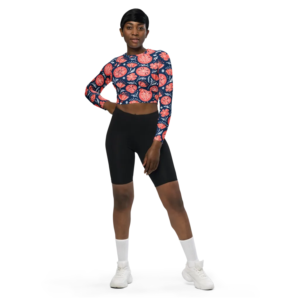 Midnight Bloom on Long Sleeve Crop Top — Front
