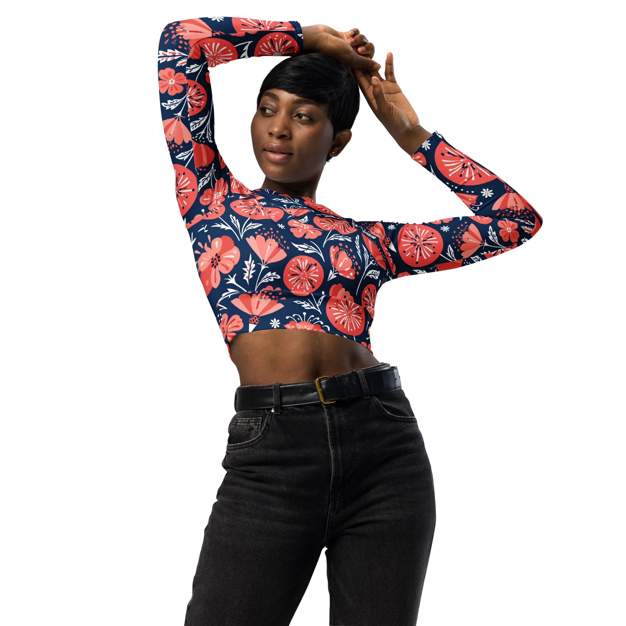 Midnight Bloom on Long Sleeve Crop Top — Front