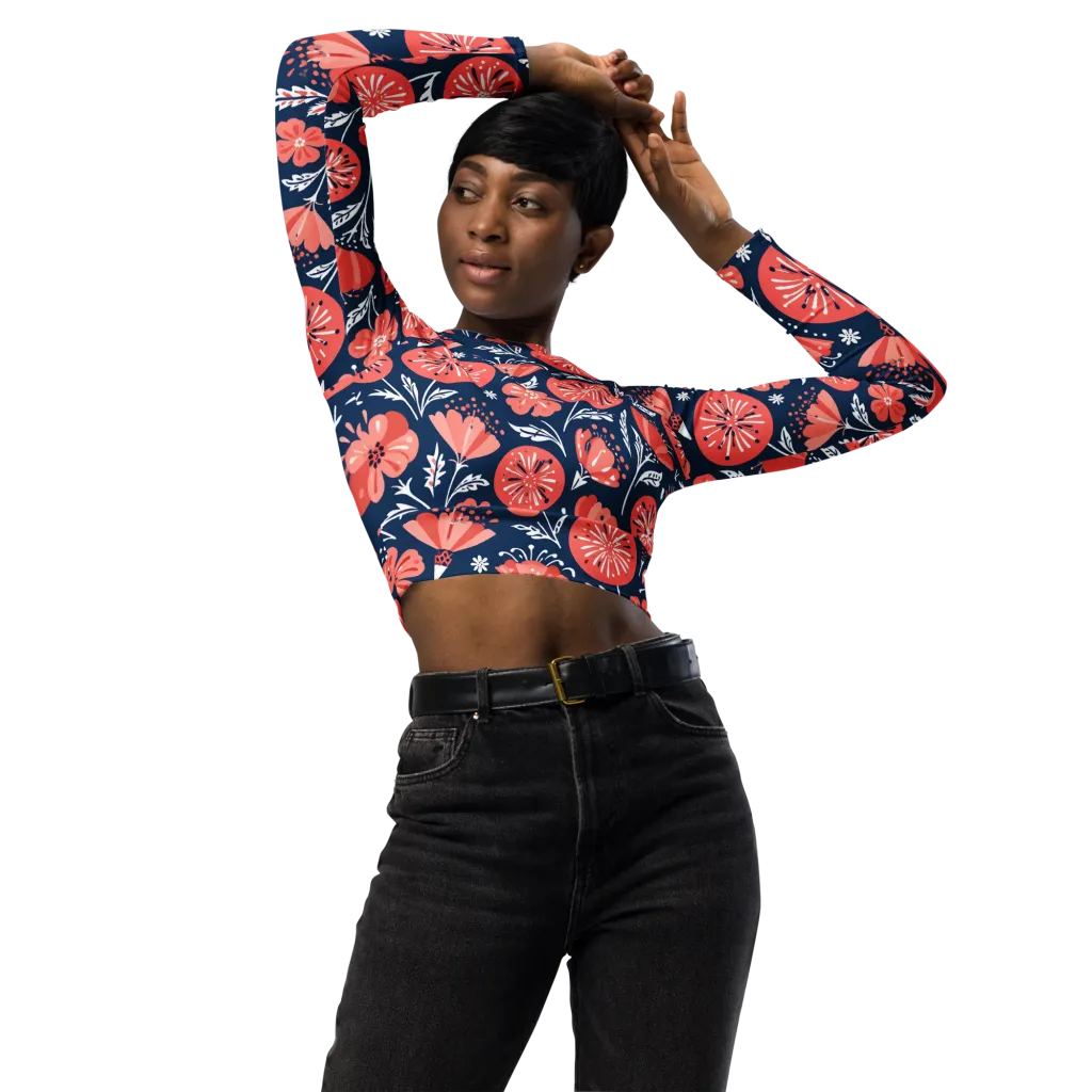 Midnight Bloom on Long Sleeve Crop Top — Front