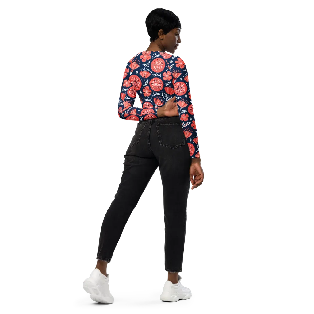 Midnight Bloom on Long Sleeve Crop Top — Right Back