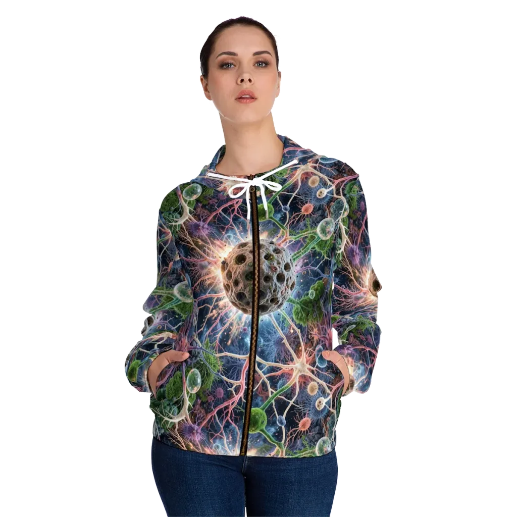 Cellular Cosmos on Women's Full-Zip Hoodie — Front On Person