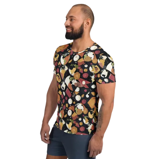 Orbiting Correspondence on a Men's Athletic T-Shirt