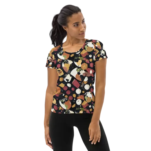 Orbiting Correspondence on a Women's Athletic T-Shirt