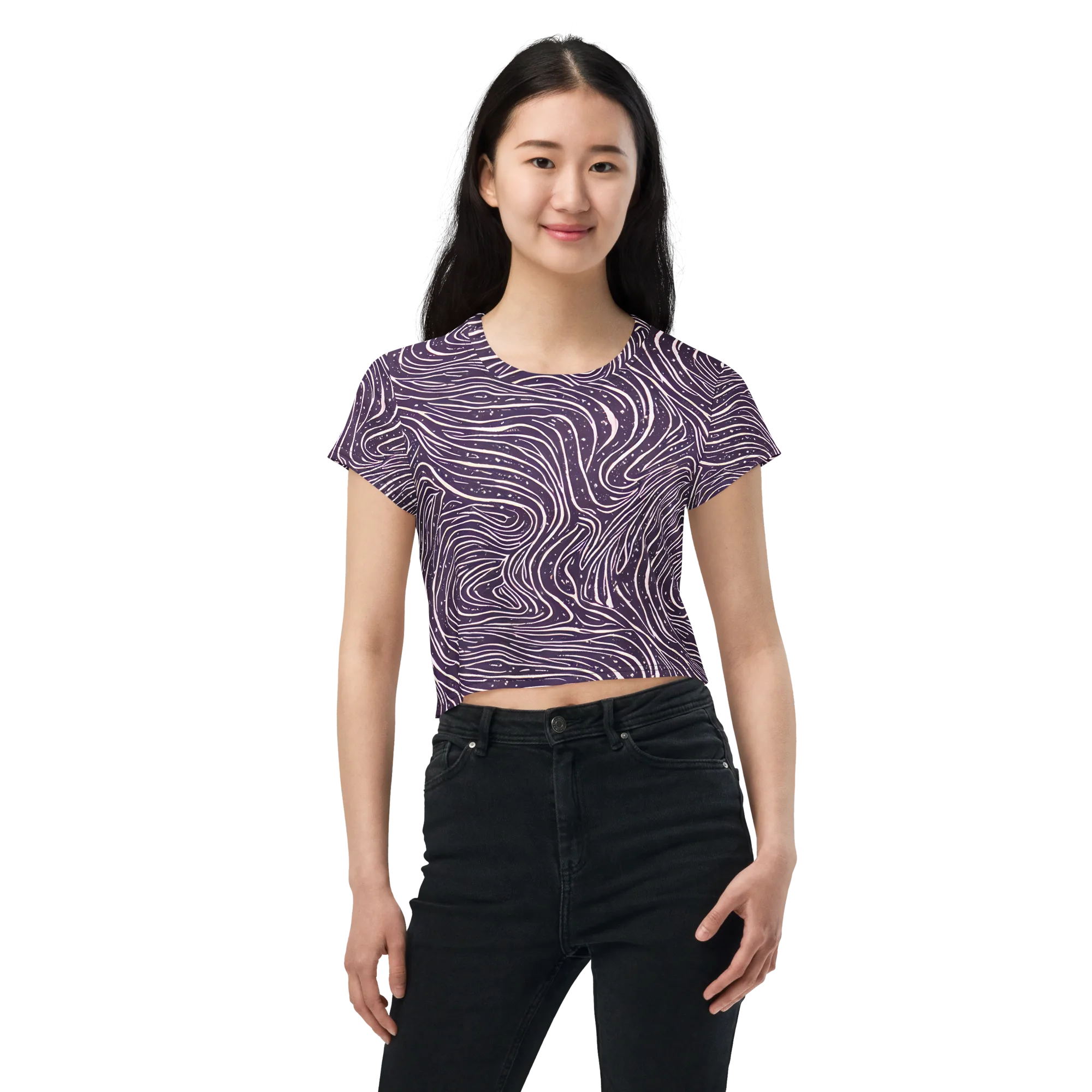 Aubergine Current on Crop Tee — Front