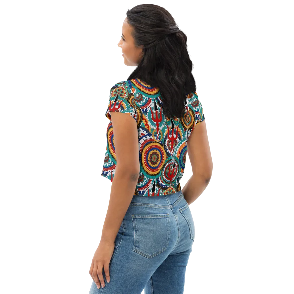Trident Mandala on Crop Tee — Left Back