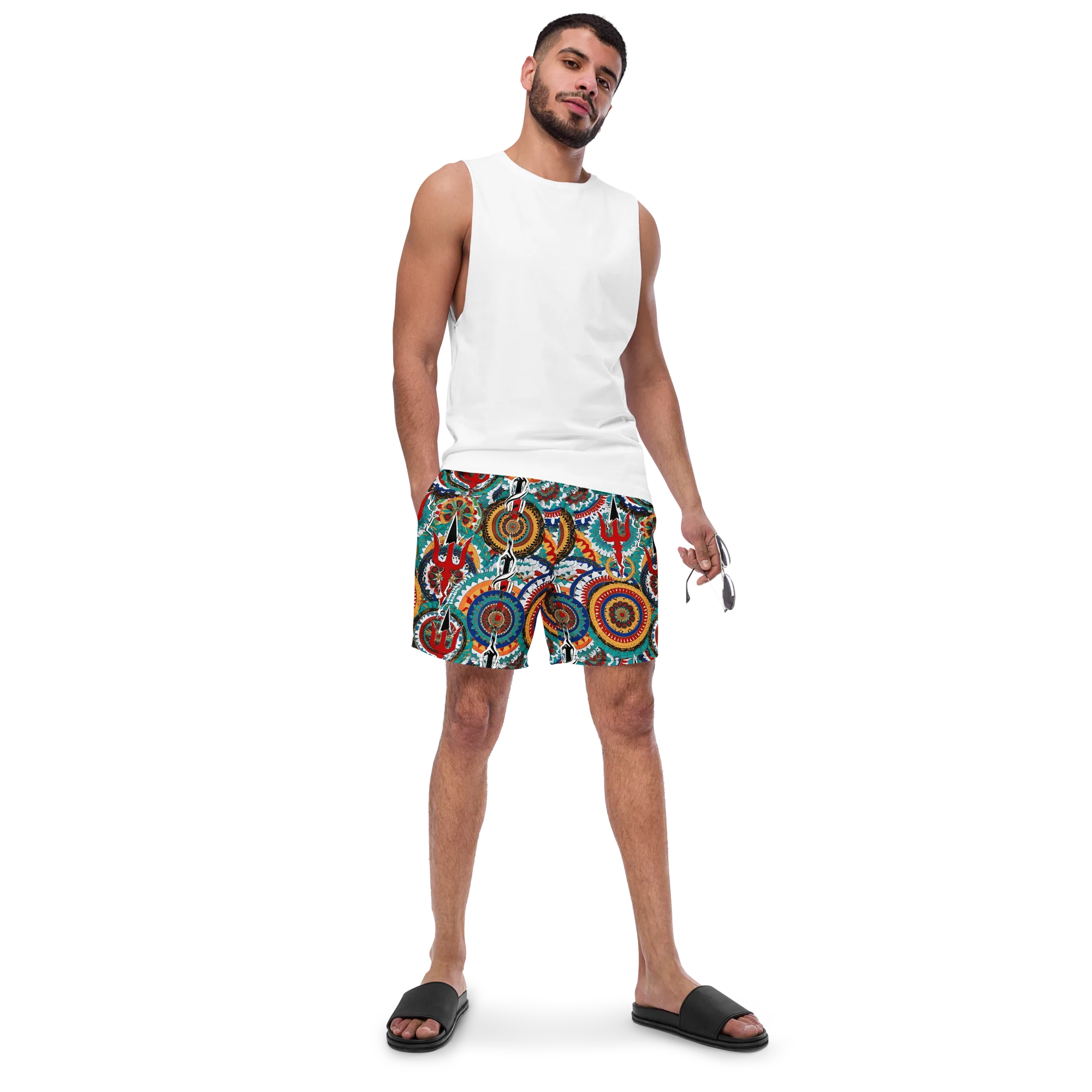 Trident Mandala on Swim Trunks — Front