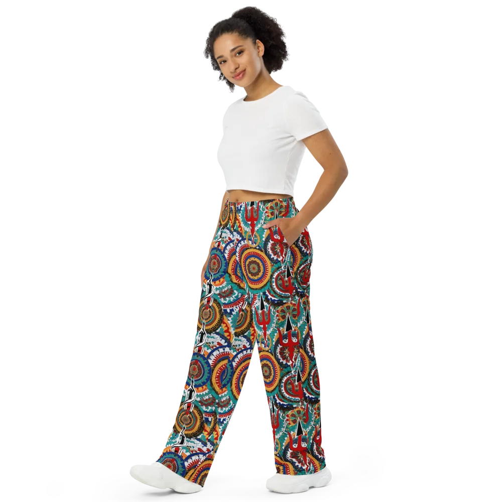 Trident Mandala on Wide-Leg Pants — Left Front