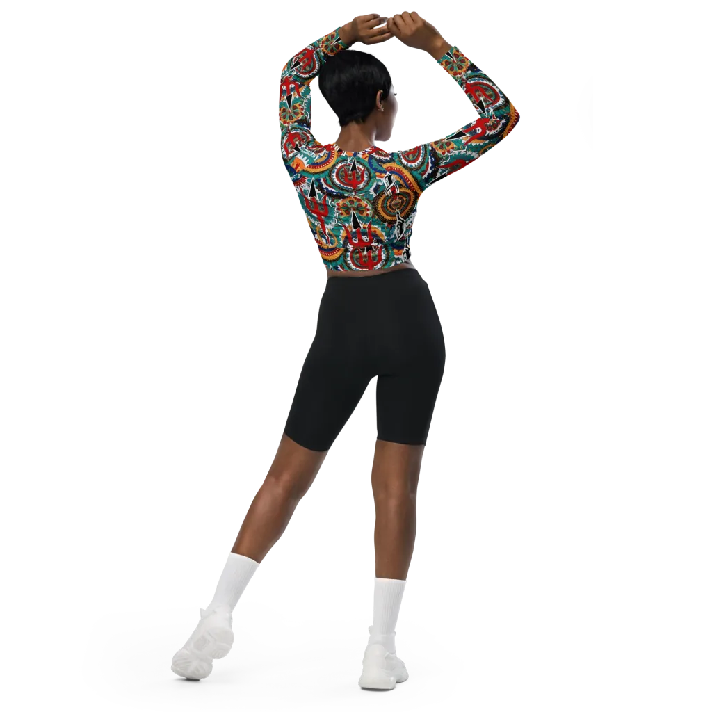 Trident Mandala on Long Sleeve Crop Top — Back