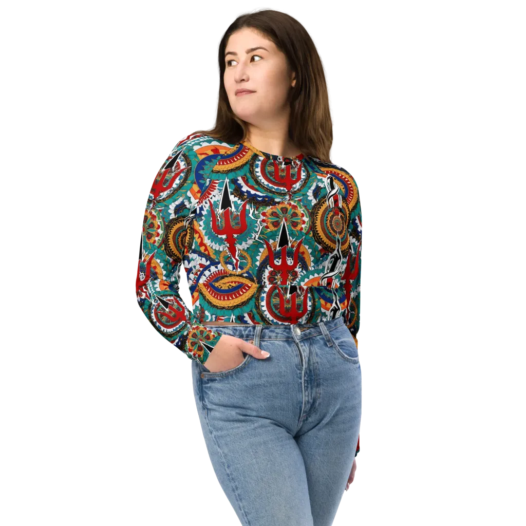 Trident Mandala on Long Sleeve Crop Top — Front