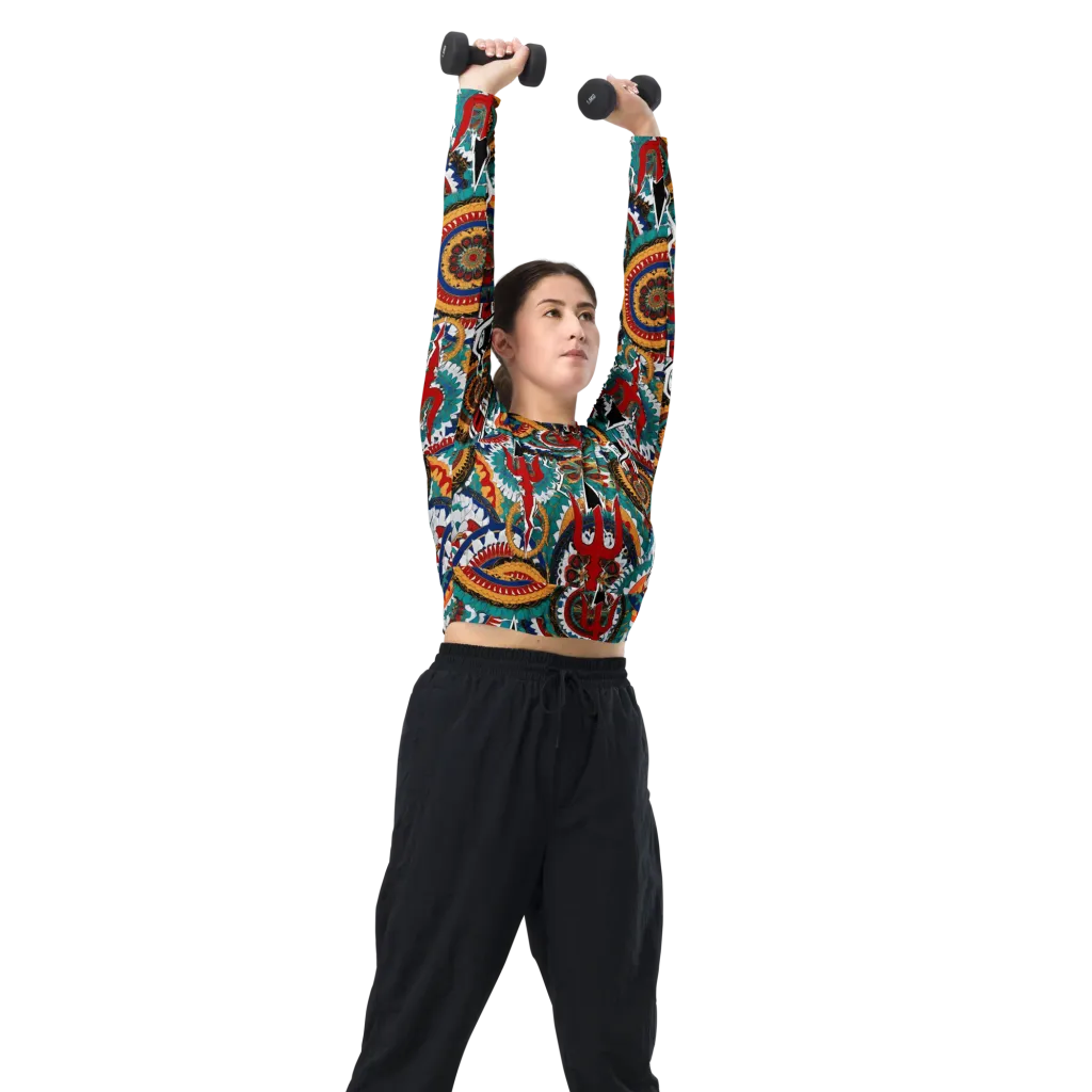 Trident Mandala on Long Sleeve Crop Top — Right Front