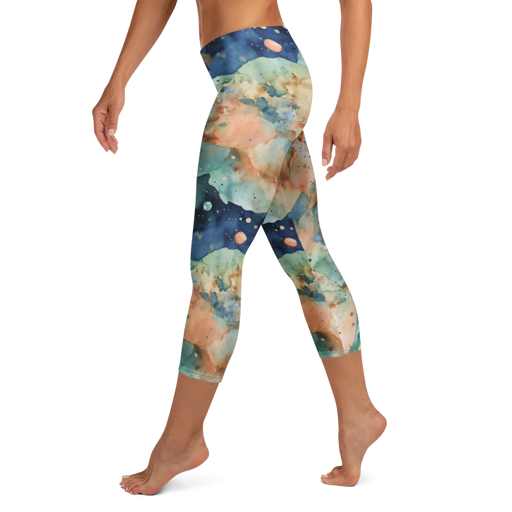 Celestial Watercolor on Capri Leggings — Left